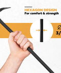 36 Inch Wrecking Bar Crow Bar With Beveled Chisel End, held by hand showing hexagon design, heavy duty pry bar for demolition.