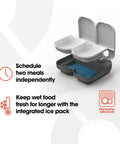 No Fuss Dual Compartment Automatic Pet Feeder Programmable Meal Timer For Cats And Small Dogs with dual bins and ice pack.
