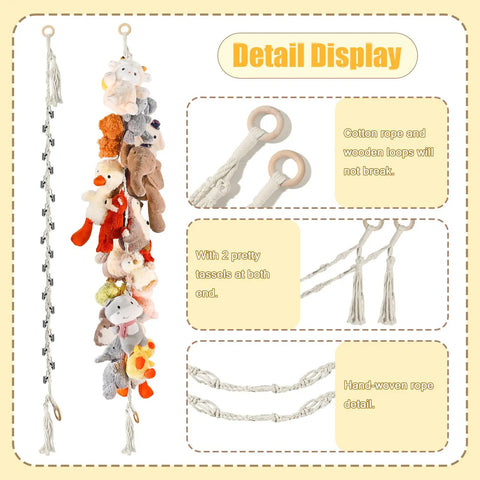 Detail view of 80 Inch Hanging Storage Chain For Stuffed Animals 2 Pack With 40 Metal Clips, cotton rope, wood loops, tassels.