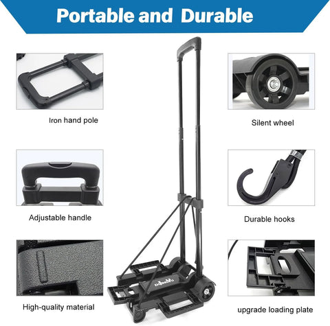 Folding Hand Truck Dolly With Wheels, lightweight collapsible cart with adjustable handle, showing durable hooks and silent wheels.