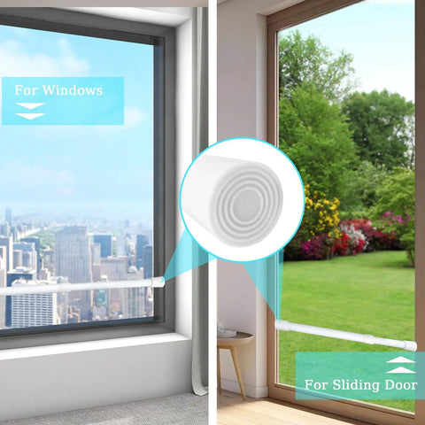 Adjustable Window Security Bar For Sliding Doors 15.7 To 27.5 Inches With Rubber Tips And 1.2 Inch Diameter White Tension Rod Lock Bar For Extra Home Safety Easy Install Secure Fit And Window Locking Confidence installed on window and sliding door.