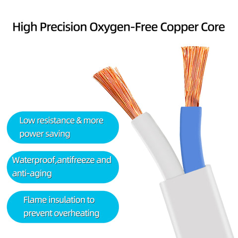 Close-up of Flat 3 Foot White Extension Cord showing oxygen-free copper core for power saving and flame insulation features.