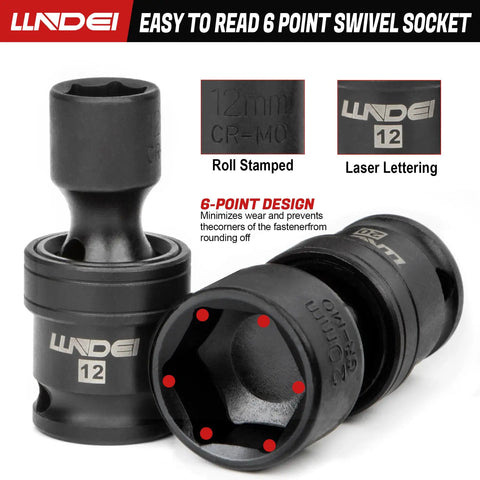 Three Eighths Inch Drive Universal Impact Socket Set, 19 Pieces CR-MO Beefy Swivel Wobble Sockets Metric 8-22mm, 6 Point Design