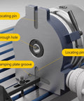 Heavy Duty 3 Jaw Chuck Indexing Head With Tailstock For CNC Milling Machines Ideal For Horizontal Or Vertical Use Rotary Spindle 1 To 90 Reduction Ratio 10 Inch Cast Iron Build Workhorse showing locating pin, through hole, and clamping plate groove details
