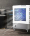 Don't Sweat The Heat With This Portable Evaporative Air Cooler featuring silent swamp cooling and 90° oscillation in a living space.