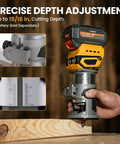 Cordless Brushless Palm Router Bare Tool With Dope 5 Speed Variable 10000 To 28000 RPM 600W Fixed Base in use for wood cutting