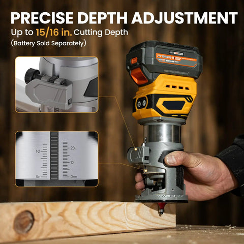 Cordless Brushless Palm Router Bare Tool With Dope 5 Speed Variable 10000 To 28000 RPM 600W Fixed Base in use for wood cutting