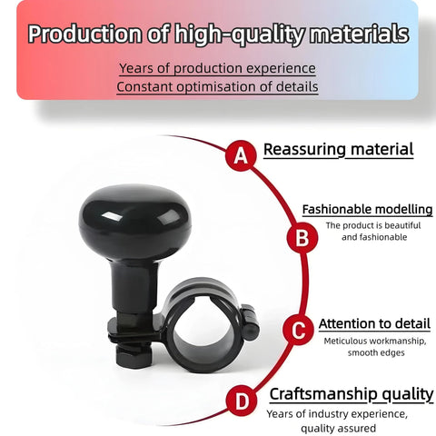 One Hand Drive Steering Wheel Knob Power Handle with black ABS grip, stainless steel mount, product details highlighted