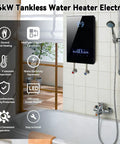 Top Shelf 14kW Electric Tankless Water Heater Pumping Out Quick 240V On Demand Hot Water At Two Point Eight Five Gpm with display.