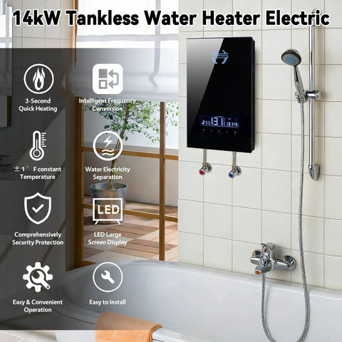 Top Shelf 14kW Electric Tankless Water Heater Pumping Out Quick 240V On Demand Hot Water At Two Point Eight Five Gpm with display.