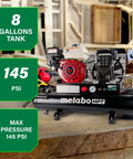 Gas Powered Wheeled Air Compressor, With 8 Gallon Tank, 116 To 145 PSI, Honda GX Engine, Cast Iron Cylinder in workshop