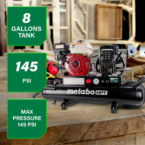Gas Powered Wheeled Air Compressor, With 8 Gallon Tank, 116 To 145 PSI, Honda GX Engine, Cast Iron Cylinder in workshop