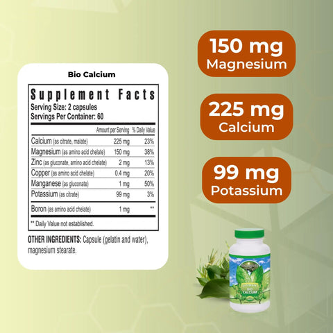 Supplement facts of Bio Calcium Chelated Calcium Complex With Magnesium Zinc Copper Potassium Boron, 120 Capsules