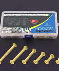 Premium Pro Grade Chicago Screws Assortment Kit M5 Brass Plated Binding Screw Posts in transparent storage box with 160 pieces.