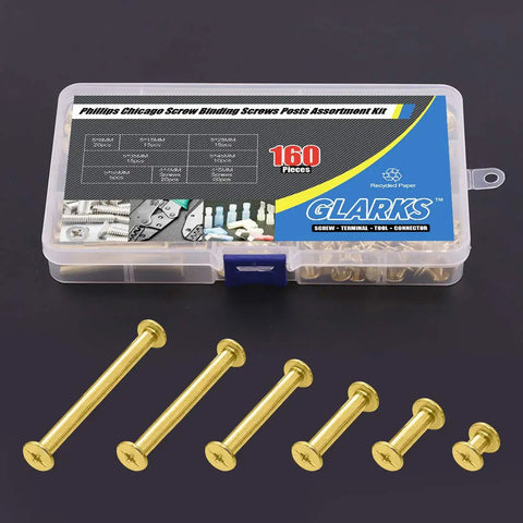 Premium Pro Grade Chicago Screws Assortment Kit M5 Brass Plated Binding Screw Posts in transparent storage box with 160 pieces.