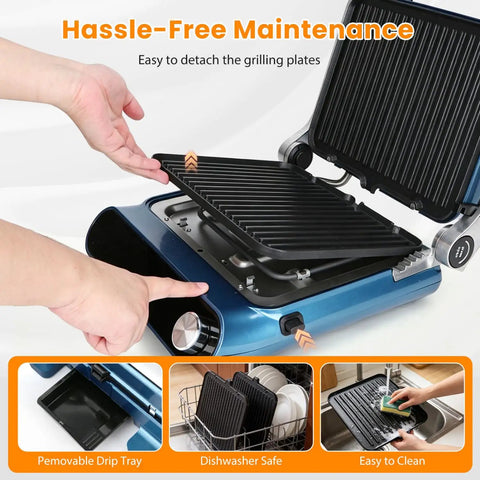 Taylor Swoden 7-In-1 Panini Press Sandwich Maker Electric Indoor Grill showing removable grilling plates for easy cleaning.