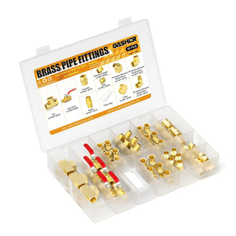 Brass Pipe Fittings Kit 48 Piece One Quarter Inch NPT With Couplings 90 Degree Elbows 45 Degree Elbows Nipples Ball Valve Tee Reducer