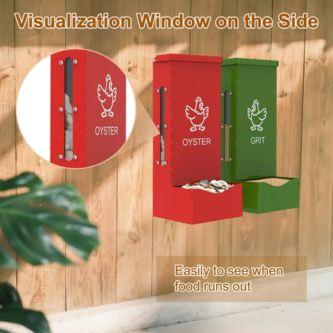 Heavy Duty Metal Chicken Feeder And Oyster Shell Dispenser with visual window, showing red and green hoppers, mounted on a wooden wall.