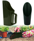 Image of Garden Soil Scoop 2 In 1 Handy Grab And Go Multi Function Plastic Digging Tool in use for potting and transport.
