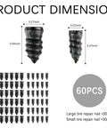 60PCS Tire Repair Rubber Nail, Vacuum Tire Repair Screws product dimensions with large and small sizes displayed in image