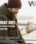 Man holding 160 Piece Ice Fishing Jigs And Soft Worm Baits Kit With UV And Micro Glow For Walleye Crappie Panfish Trout All In One Winter Tackle Set