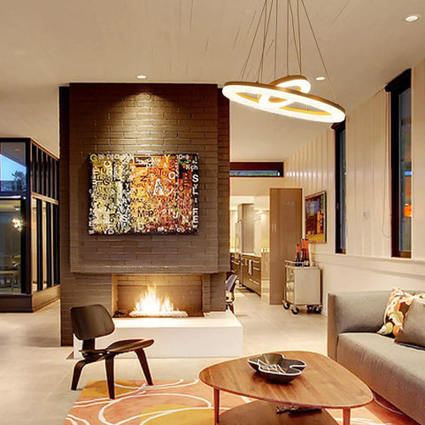 Lit 2 Ring Gold Crystal Chandelier With LED Integrated Dimmable 3000K Warm White Ceiling Lights in modern living room