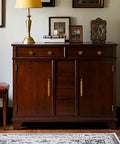Wooden cabinet with antique brass zinc alloy cabinet pulls 3-inch hole center, vintage retro dresser hardware, living room setting
