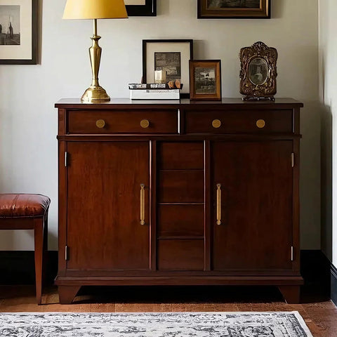 Wooden cabinet with antique brass zinc alloy cabinet pulls 3-inch hole center, vintage retro dresser hardware, living room setting