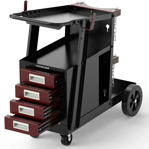 Welding Cart With Four Drawers For MIG Welder, TIG Welder And Plasma Cutter, Heavy Duty Steel Rolling Workhorse With 360° Swivel Wheels