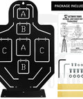 Beefy All Metal Airsoft Target With Six Zone Silhouette A B C Hit Areas, stainless steel black lacquer finish, setup components