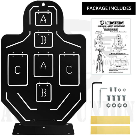 Beefy All Metal Airsoft Target With Six Zone Silhouette A B C Hit Areas, stainless steel black lacquer finish, setup components