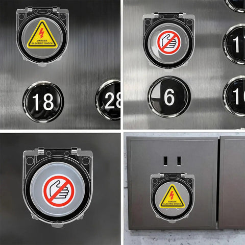 Circle Elevator Power Button Covers Set With Warning Stickers on elevator buttons with numbers and warning icons.