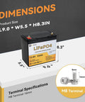 12V 50Ah LiFePO4 Deep Cycle Battery with Built-in 50A BMS, dimensions 9x5.5x8.3 inches, for home storage, RV, marine use.