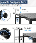Adjustable outrigger arms on planer stand with roller, 31.5 to 52 inches, compatible with cutting tools, black metal construction.