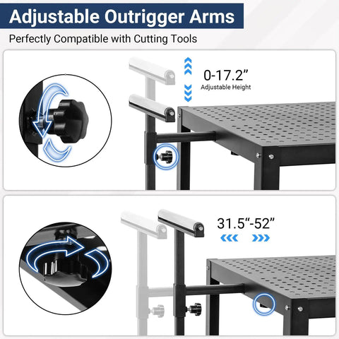 Adjustable outrigger arms on planer stand with roller, 31.5 to 52 inches, compatible with cutting tools, black metal construction.