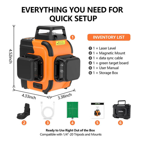 Three 360 Degree Laser Level With Self Leveling Tech Green Beams For Full Room Coverage Pro Grade Tools For Tile Installation Cabinet Mounting Remodeling And Quick Layout, orange body 4.52x4.33x3.38 inch