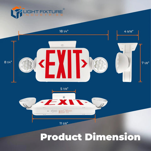 Dimensions of Compact Combo Exit Sign With Emergency Lights Red LED, White Housing, 120/277VAC Hardwired With Battery Backup, UL 924 Listed