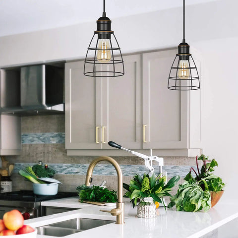 Plug In Farmhouse Cage Pendant Light Set Black Hanging Lights With 15 Ft Cord E26 Base Socket UL Listed 2 Pack Over Kitchen Island