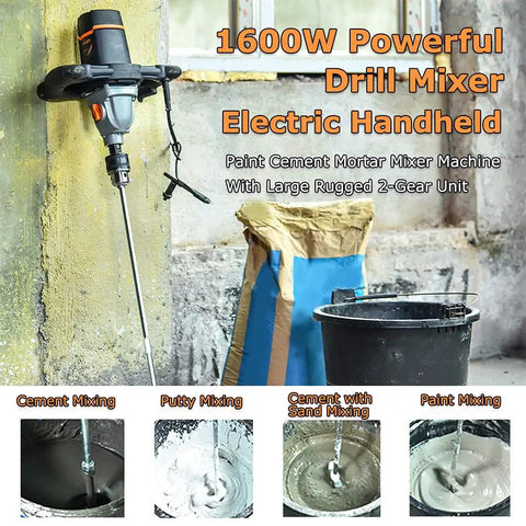 1600W electric handheld drill mixer with two-gear unit displayed with bucket and mixing substances, ideal for varied mixing tasks.