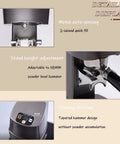 Cordless Electric Espresso Coffee Tamper With Auto Fill And Tamp Function Precision Adjustable 10 To 30Kg Pressure Smart Sensor Tech detailed display of metal auto-sensing and height adjustment features.