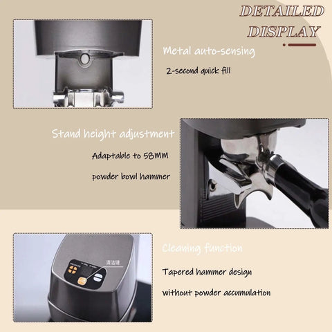 Cordless Electric Espresso Coffee Tamper With Auto Fill And Tamp Function Precision Adjustable 10 To 30Kg Pressure Smart Sensor Tech detailed display of metal auto-sensing and height adjustment features.