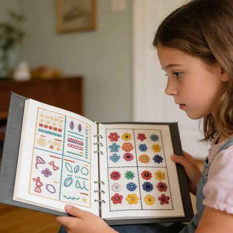 New Embroidery Kit With Full Toolkit And Step By Step Tutorial For Beginners And DIY Craft Lovers, child holding embroidered guide