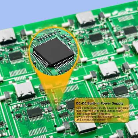 Close-up of circuit board for Power Meter For USB C With Color IPS Screen And Digital Multimeter; showing voltage analysis chip.