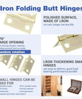Iron folding butt hinges in gold finish, showcasing 270-degree rotation and small size for use in jewelry boxes and cabinets.