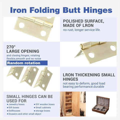 Iron folding butt hinges in gold finish, showcasing 270-degree rotation and small size for use in jewelry boxes and cabinets.