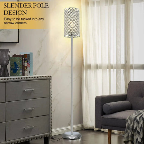 Crystal Floor Lamp With K9 Crystals Tall Silver Modern Standing Light Luxe Accent Lamp For Living Room Or Bedroom And Office Easy On Off Foot Switch Sturdy Base Chic Bright Glow slim profile near sofa and dresser