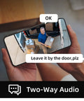 2K Wireless Outdoor Security Camera With Spotlight And 15000mAh Battery Delivers Up To A Year Of Battery Life shown using two-way audio feature.