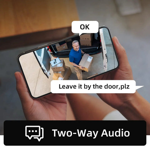 2K Wireless Outdoor Security Camera With Spotlight And 15000mAh Battery Delivers Up To A Year Of Battery Life shown using two-way audio feature.