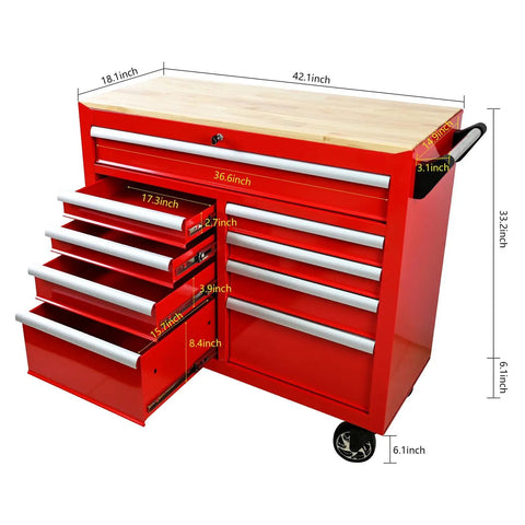 9 Drawer Rolling Tool Chest With Wheels And Wooden Top, 42 Inch Steel Tool Box For Garage, Shop, And Warehouse Red Built Tough Mobile Tool Storage For Heavy Duty Organization And Quick Access. Red 9-drawer steel tool chest with wood top, front view