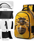 Golden Floral Bee Printed Unisex Backpack with large capacity showing handle, shoulder straps, double zippers, and side pockets.